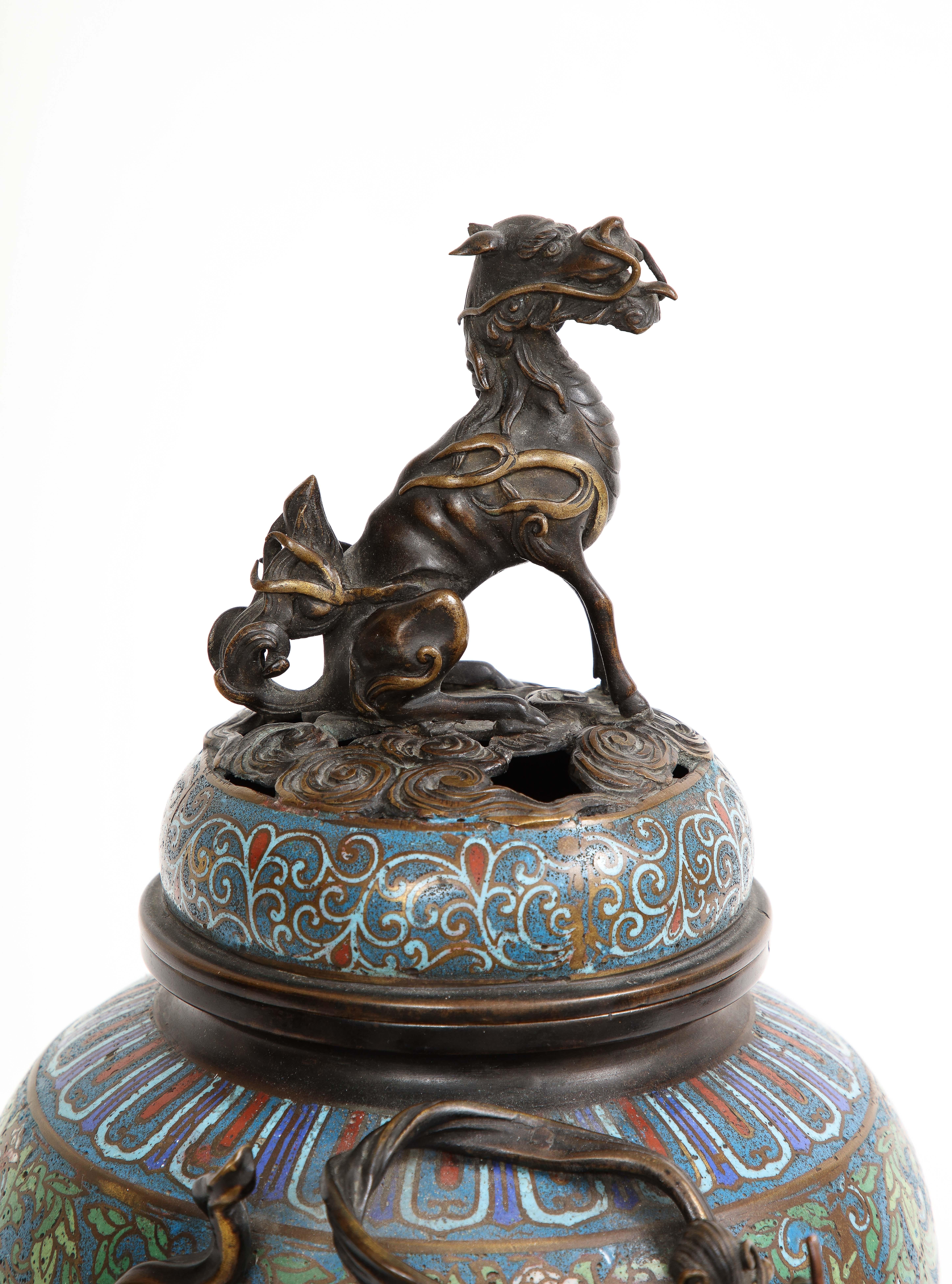 Bruciaincenso giapponese in bronzo Meiji con smalto champlevé, Geisha e Ryu/Shishi in vendita 6