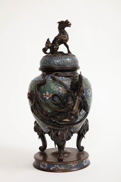 Japanese Meiji Bronze Champlevé Enamel Incense Burner, Geisha & Ryu/Shishi