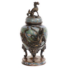 Japanese Meiji Bronze Champlevé Enamel Incense Burner, Geisha & Ryu/Shishi