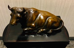 Japanese Meiji Bronze Cow Sculpture on Lacquered Stand