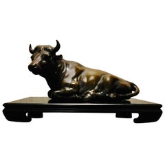 Japanese Meiji Bronze Cow Sculpture on Lacquered Stand