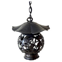 Japanese Meiji Bronze Hanging Lantern with Enamel Flowers, circa 1880