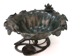 Japanese Meiji Bronze Ikebana Vessel in Leaf-Shape with Frog and Lotus