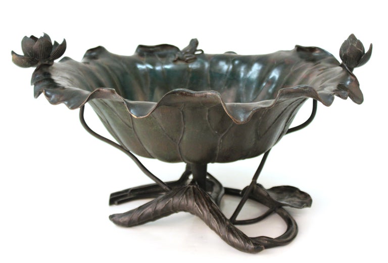 Japanese Meiji Bronze Ikebana Vessel in LeafShape with Frog and Lotus