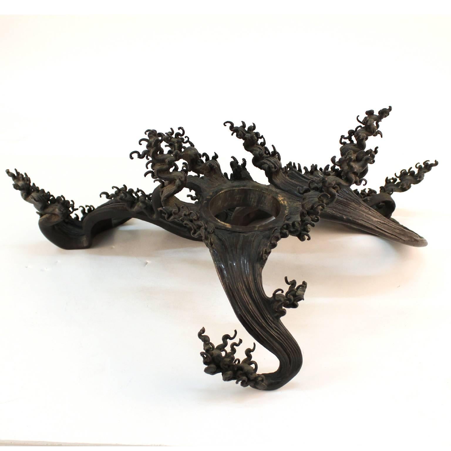Japanese Meiji Bronze Ikebana Vessel on Sculpted Bronze Wave 6