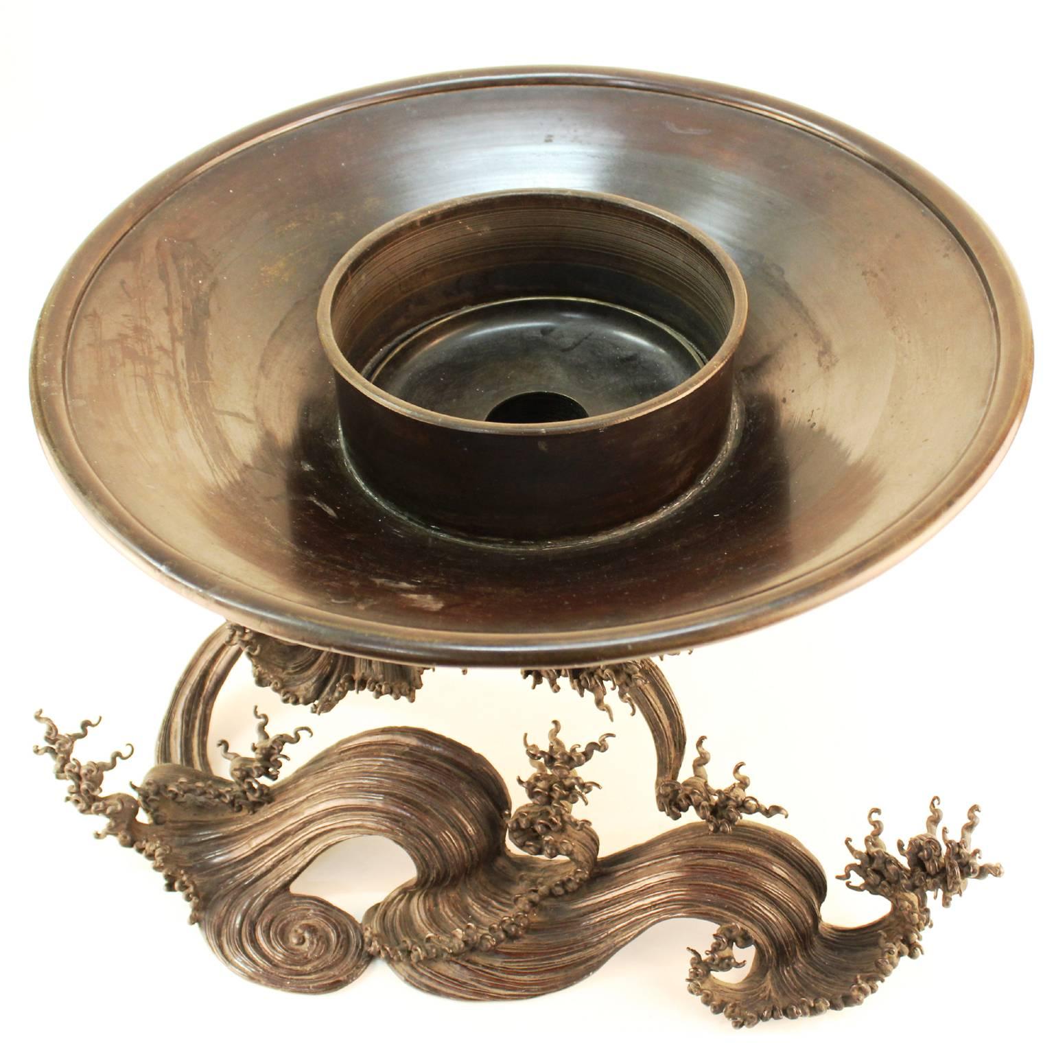 Japanese Meiji Bronze Ikebana Vessel on Sculpted Bronze Wave 1