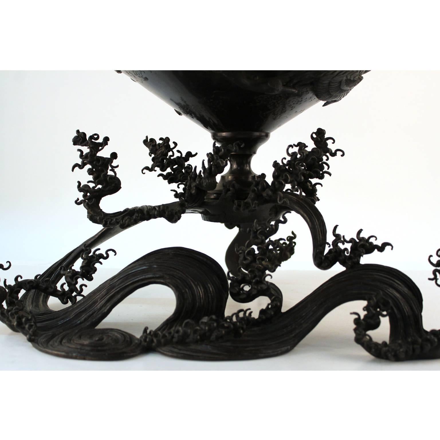 Japanese Meiji Bronze Ikebana Vessel on Sculpted Bronze Wave 3