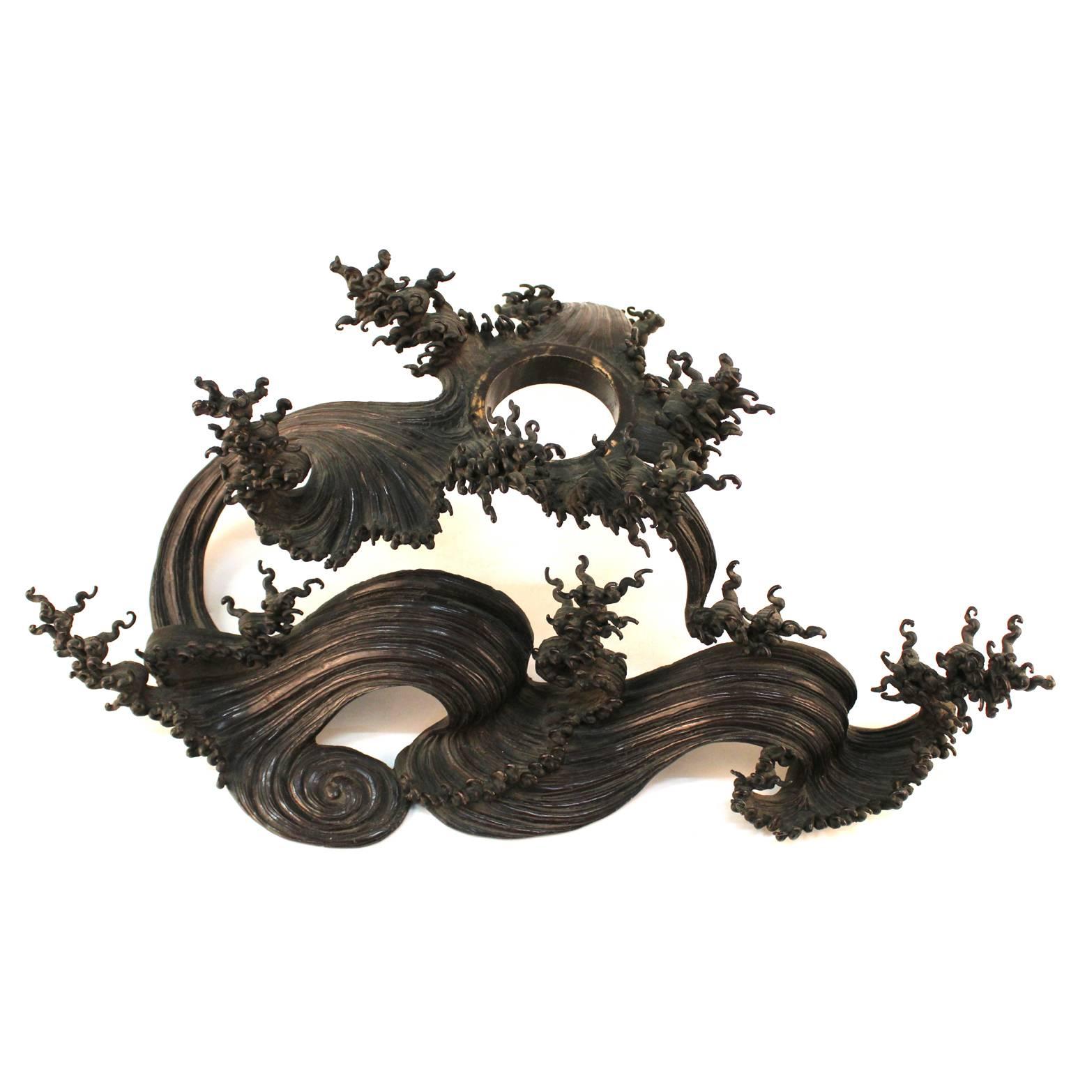 Japanese Meiji Bronze Ikebana Vessel on Sculpted Bronze Wave 5