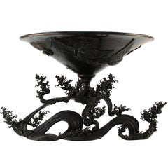 Japanese Meiji Bronze Ikebana Vessel on Sculpted Bronze Wave