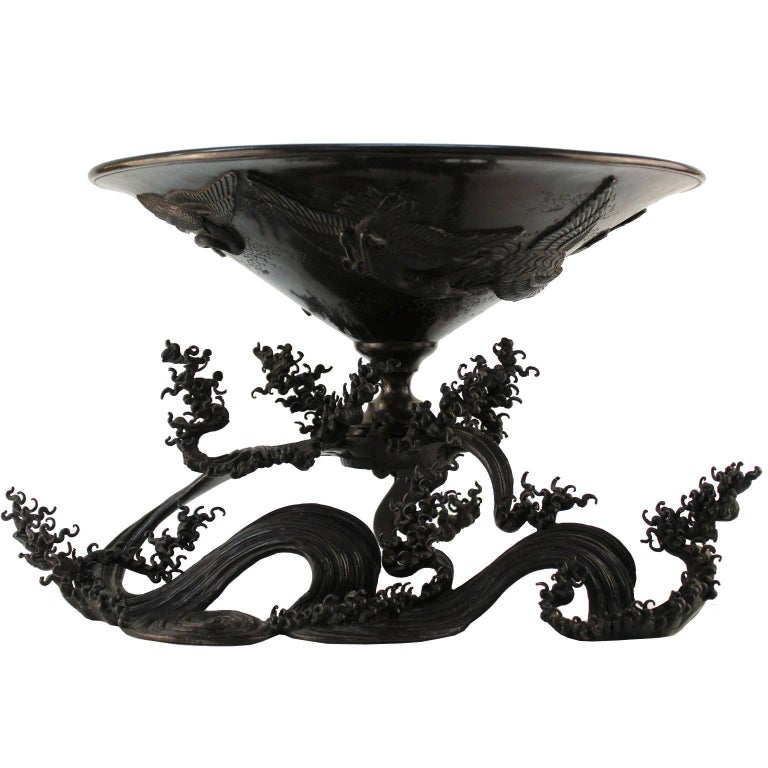 Japanese Meiji Bronze Ikebana Vessel on Sculpted Bronze Wave at 1stDibs