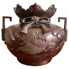 Japanese Meiji Bronze Koro Incense Burner with Takaramono Relief, c. 1880-1910