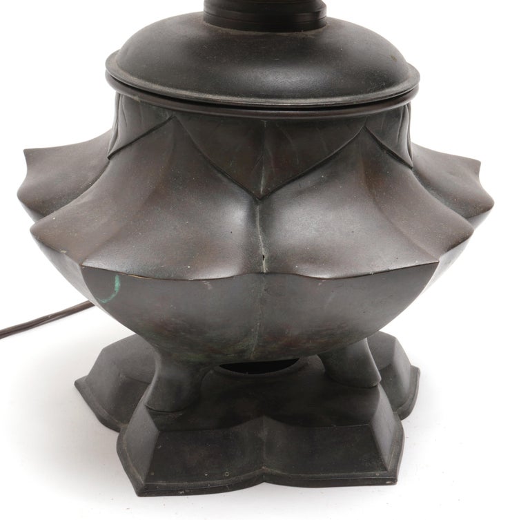 Japanese Meiji Bronze Lotus Electrified Oil Table Lamp For Sale at
