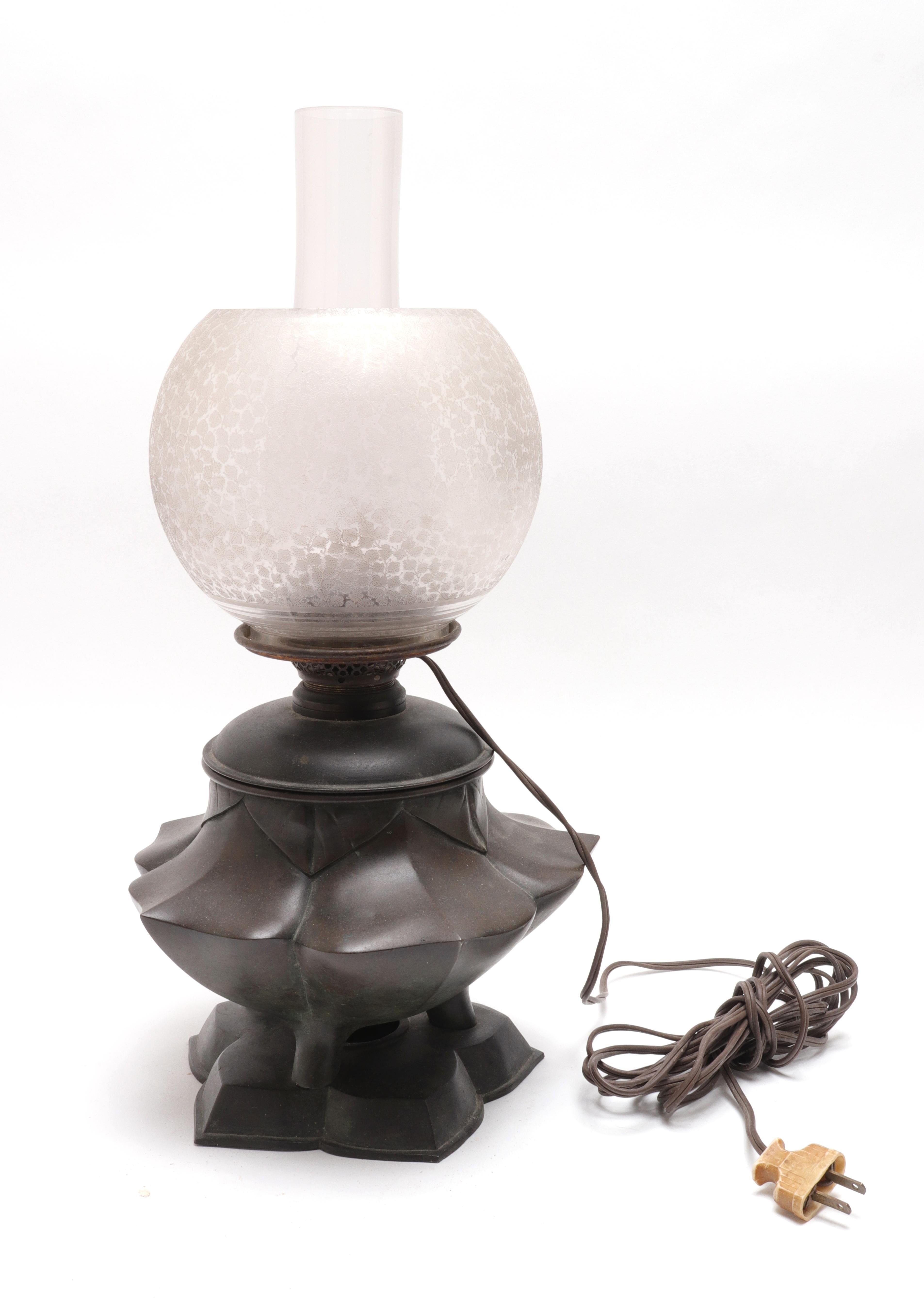 19th Century Japanese Meiji Bronze Lotus Electrified Oil Table Lamp