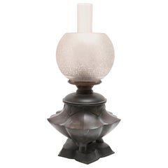 Japanese Meiji Bronze Lotus Electrified Oil Table Lamp