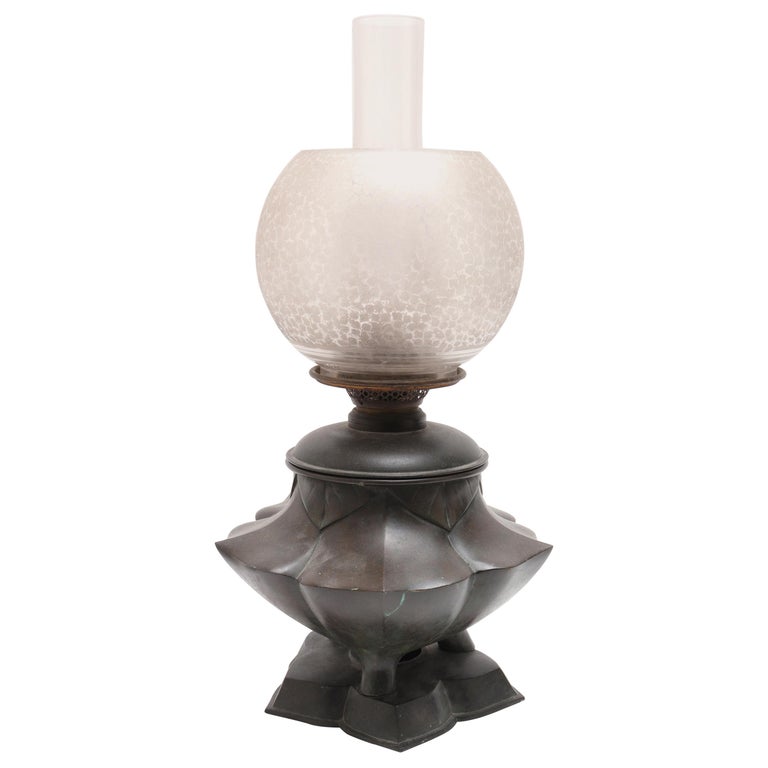 Japanese Meiji Bronze Lotus Electrified Oil Table Lamp For Sale at