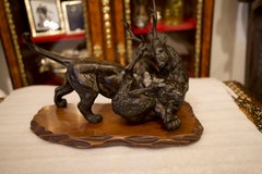Japanese Meiji Bronze on Hardwood Base Tiger/Antelope
