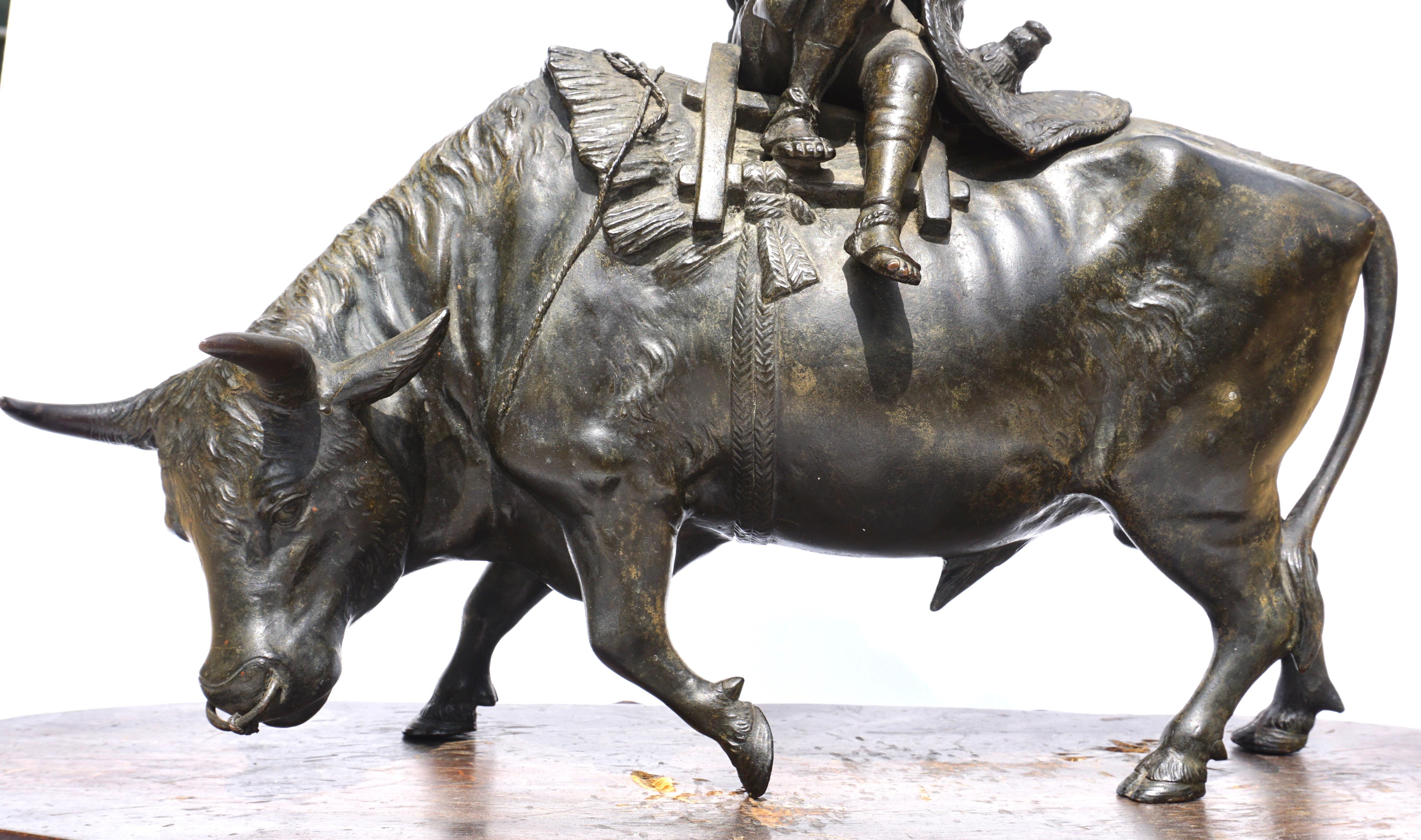 Late 19th Century Japanese Meiji Bronze Ox and Samurai Genryusai Attributed