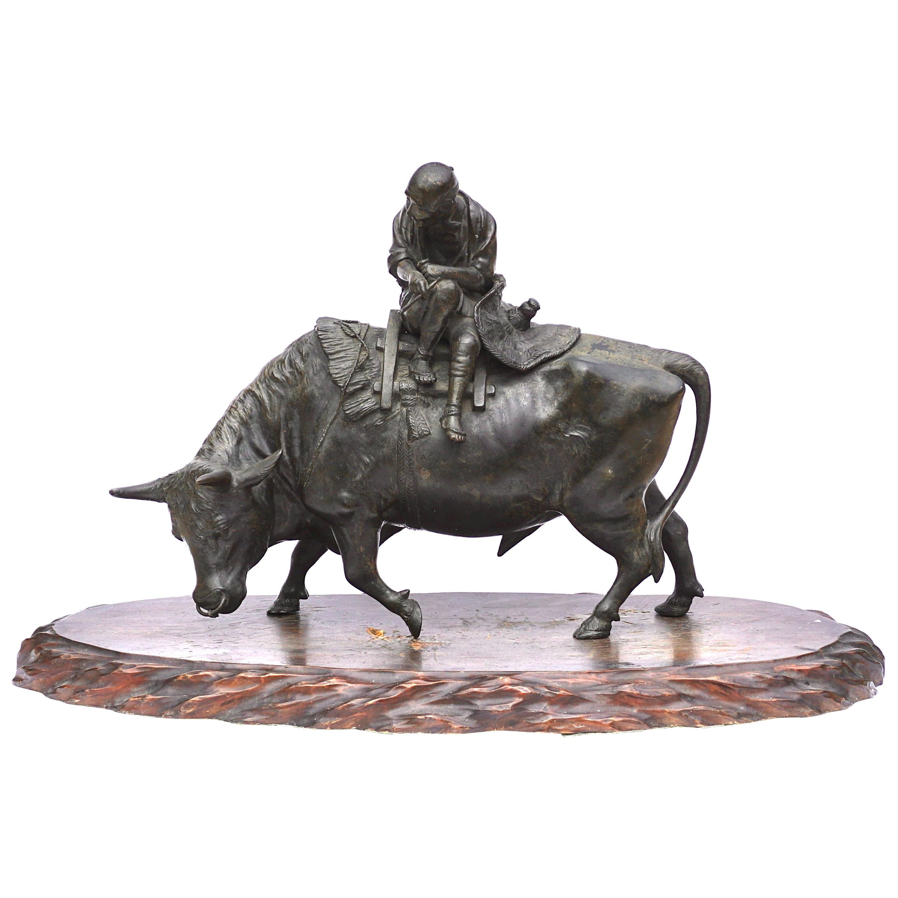 Japanese Meiji Bronze Ox and Samurai Genryusai Attributed