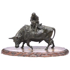 Antique Japanese Meiji Bronze Ox and Samurai Genryusai Attributed