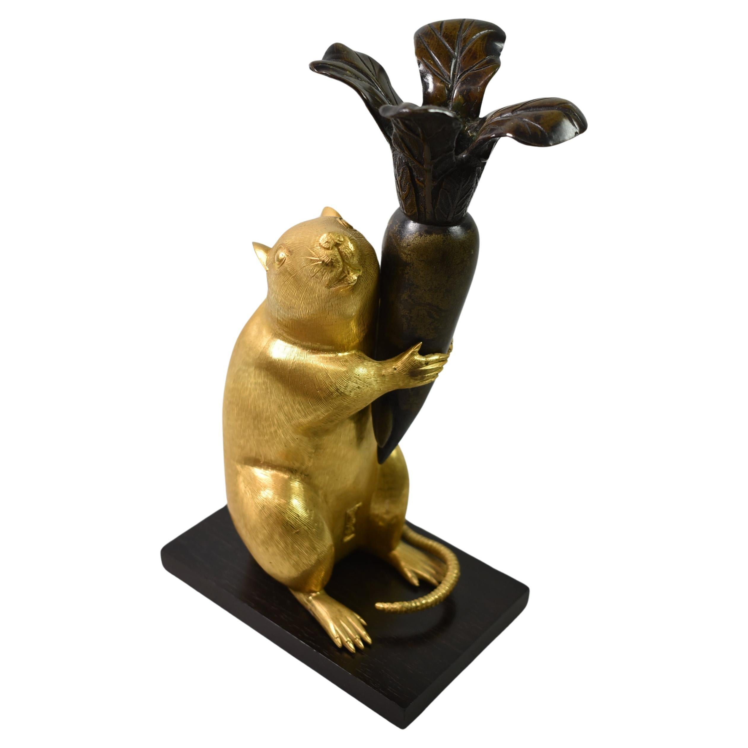 Japanese Meiji Bronze Rat Candlestick Holder For Sale