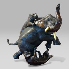 Japanese Meiji Bronze Sculpture Elephant Fighting Tigers By Tsunemitsu 常光
