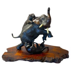 Japanese Meiji Bronze Sculpture Elephant Fighting Tigers By Tsunemitsu 常光