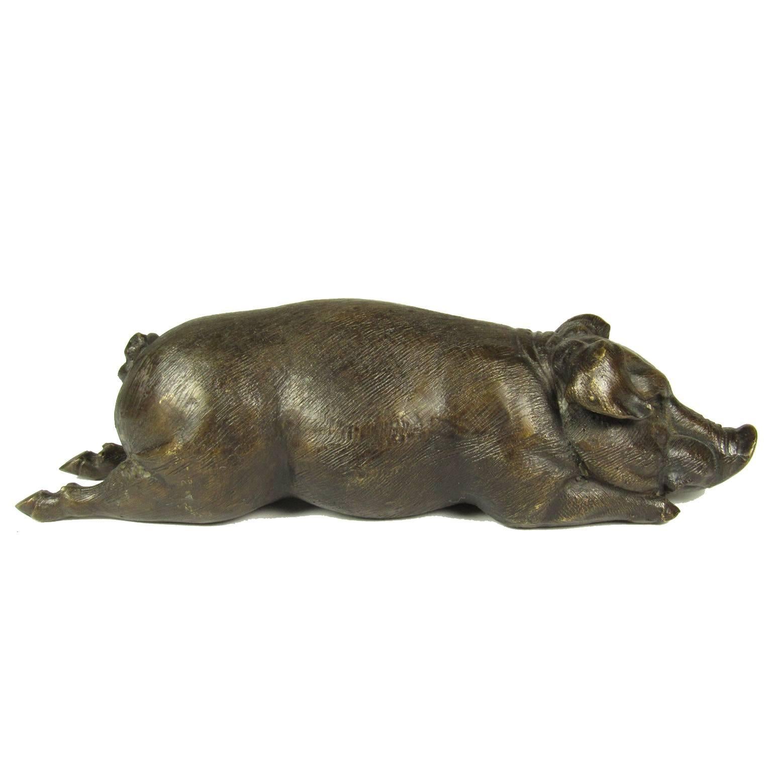 20th Century Japanese Meiji Bronze Sculpture of a Reclining Pig
