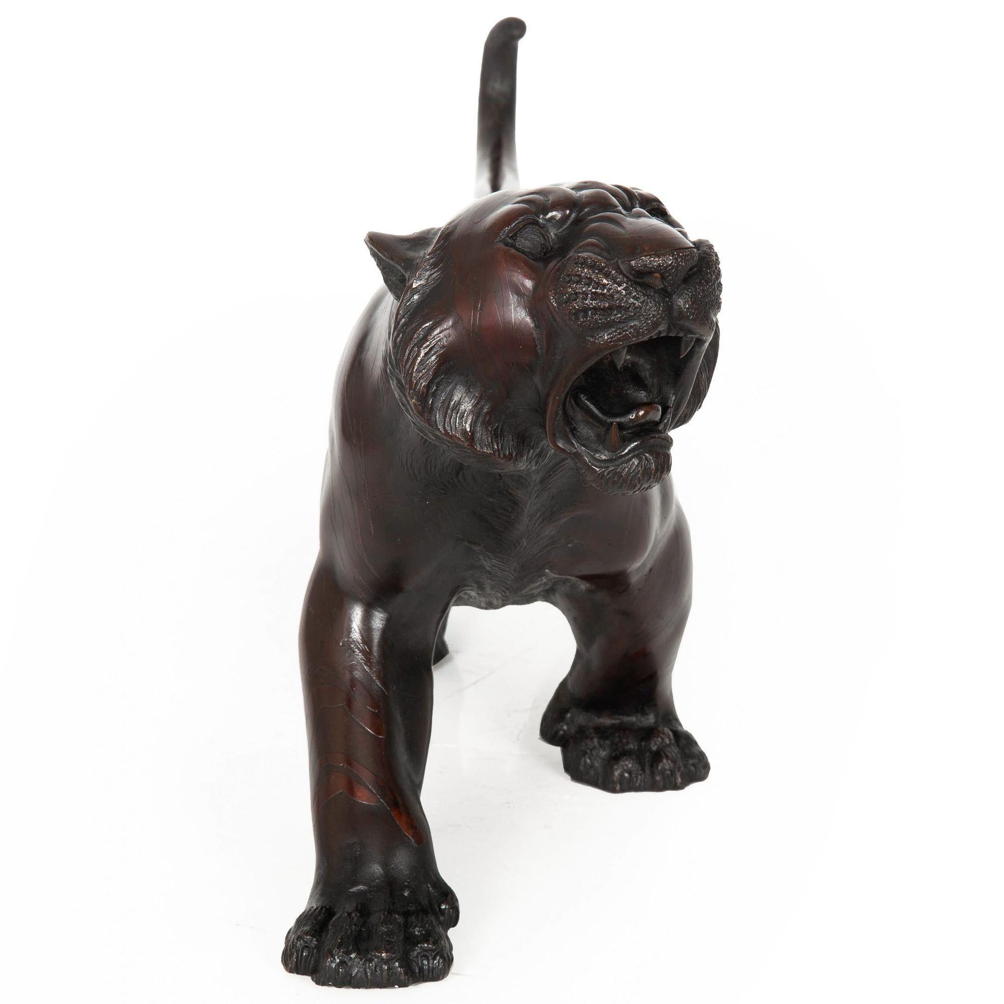 19th Century Japanese Meiji Bronze Sculpture Okimono “Roaring Tiger” by Tsunemitsu