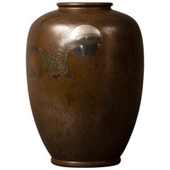 Japanese Meiji Bronze Takaoka Vase with Waterfowl and Moon Design