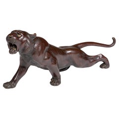 Antique Japanese Meiji Bronze Tiger Sculpture with Stamped Signature