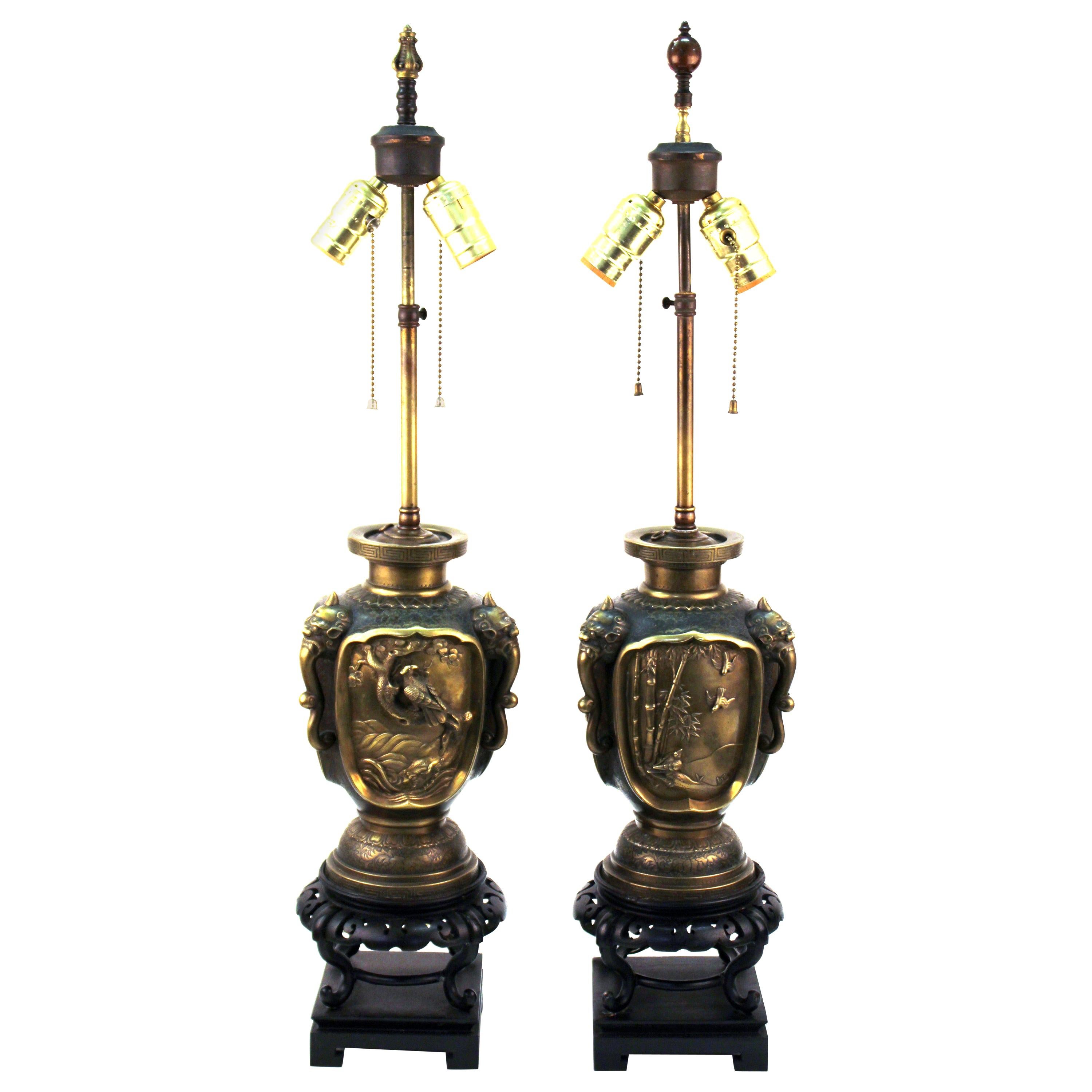 Japanese Meiji Bronze Urn Form Table Lamps