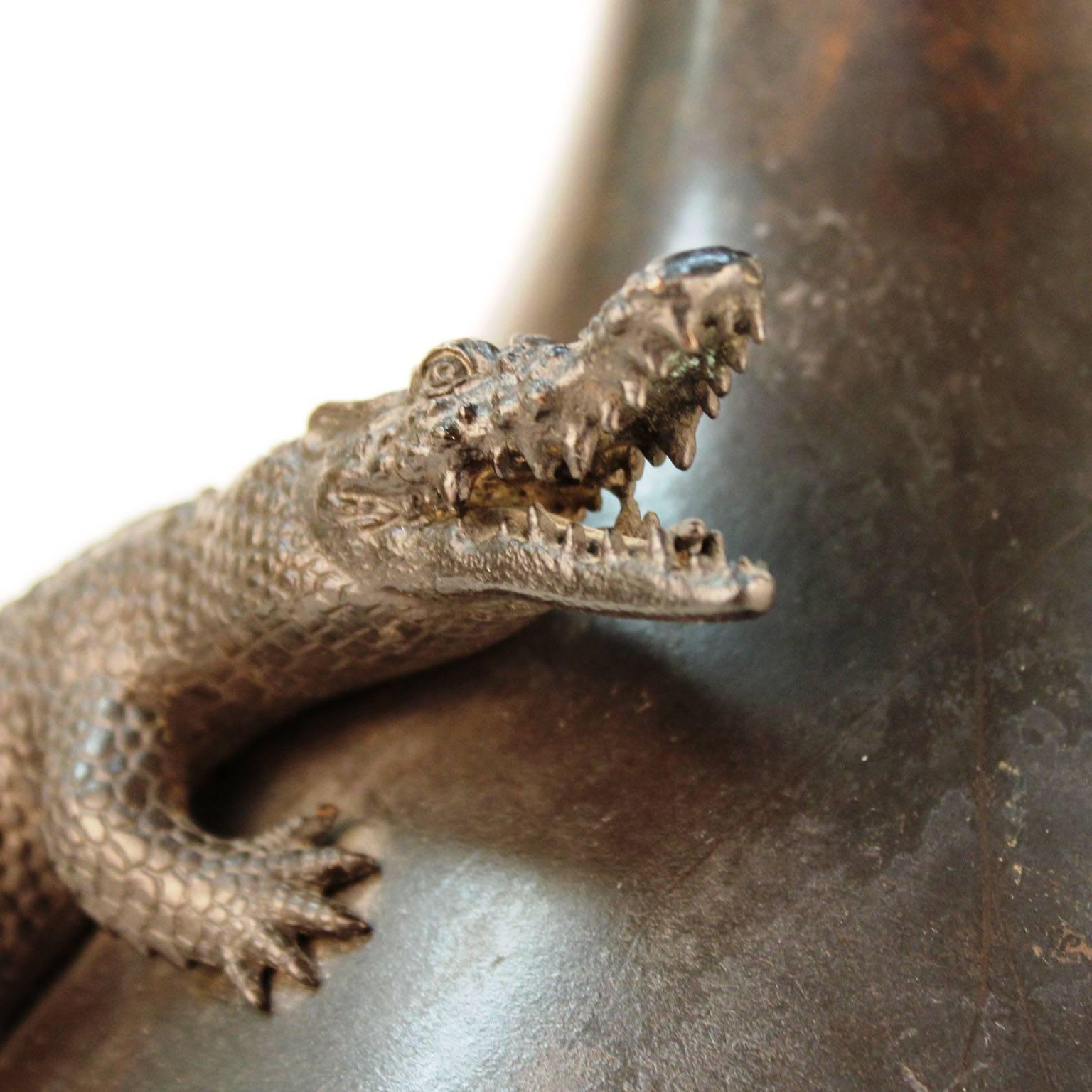 Mid-19th Century Japanese Meiji Bronze Vase with Sculpted Alligator