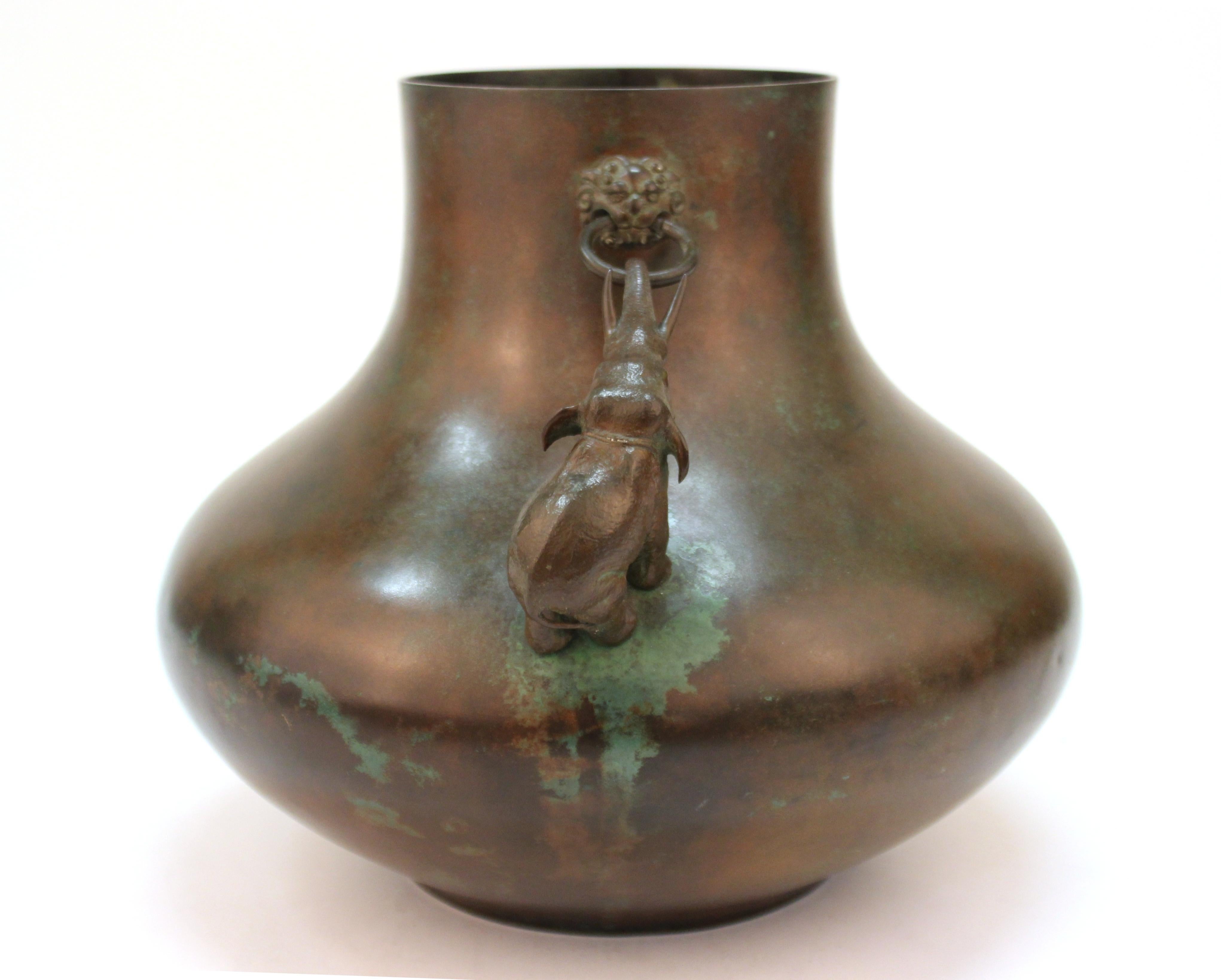 Japanese Meiji Bronze Vase with Sculpted Elephant Handles In Good Condition In New York, NY