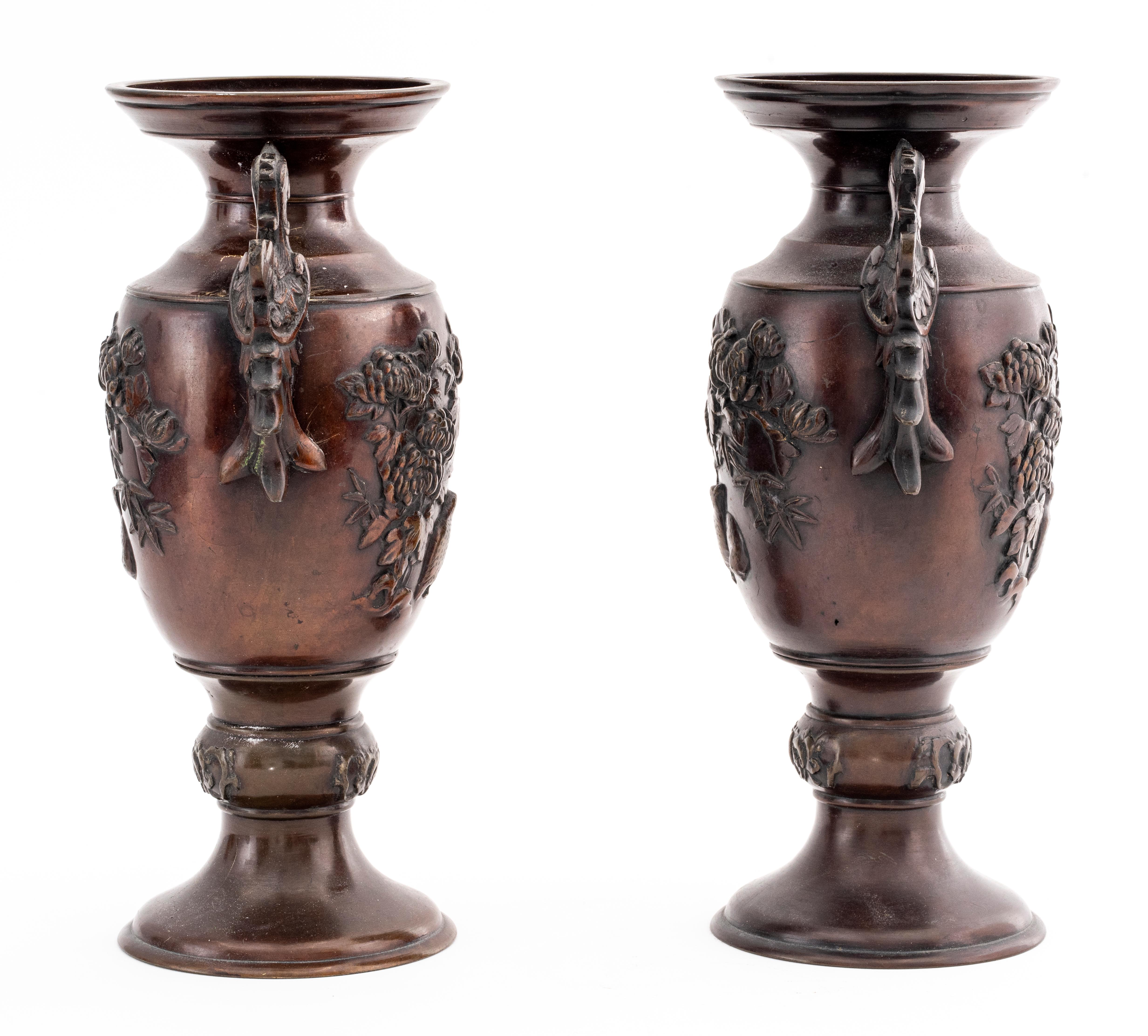 Japanese Meiji Bronze Vases, Pair In Good Condition In New York, NY