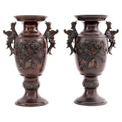 Japanese Meiji Bronze Vases, Pair