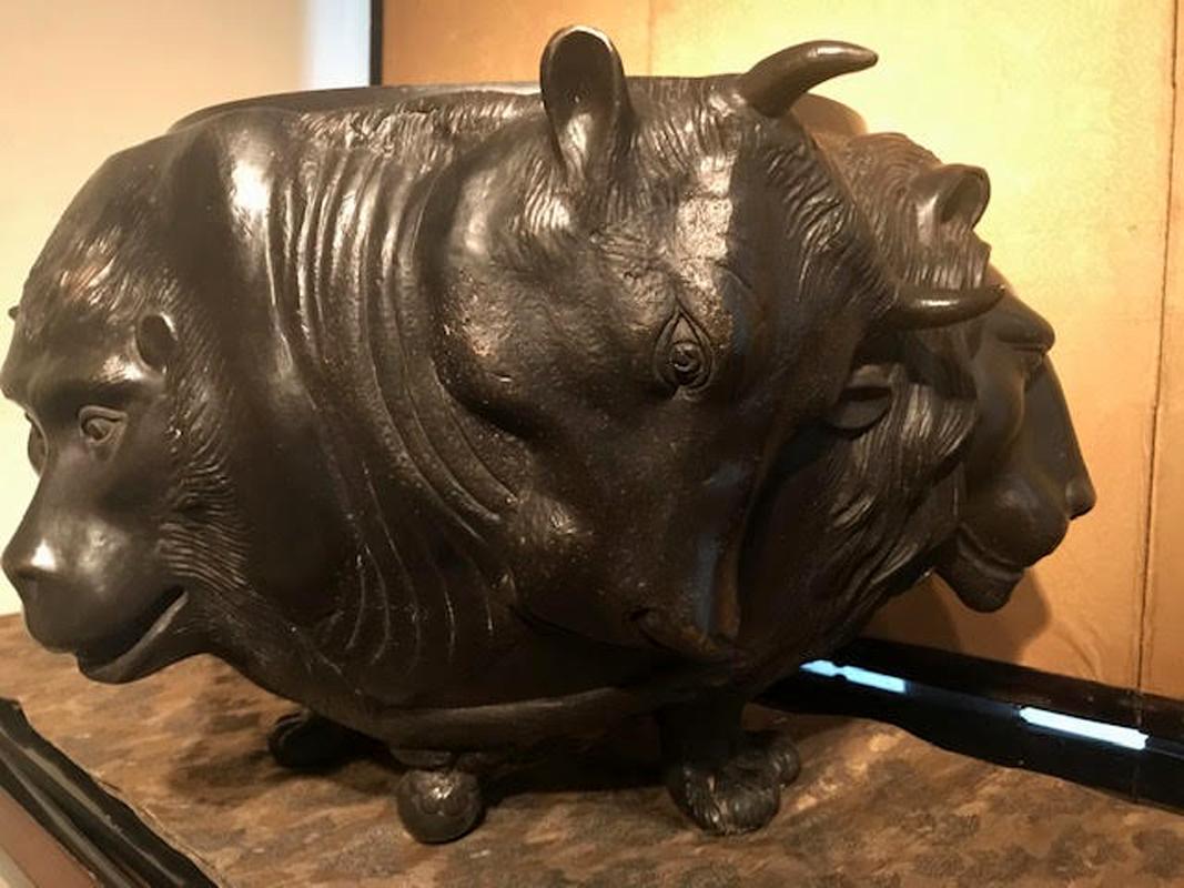 Japanese Meiji Bronze Vessel With Sculpted Animal Heads 2