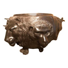 Japanese Meiji Bronze Vessel With Sculpted Animal Heads