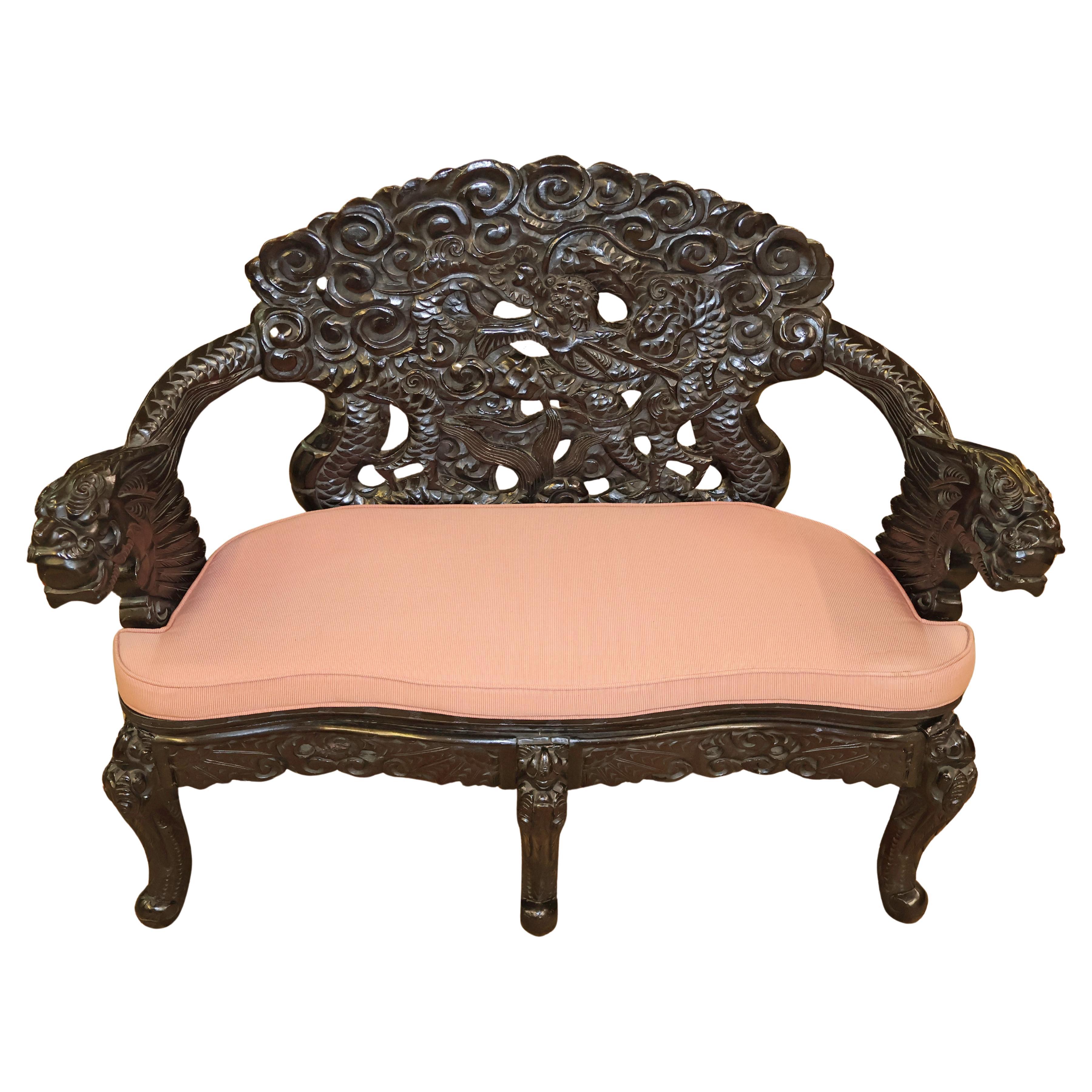 Japanese Meiji Carved Teak Dragon Carved Bench Settee