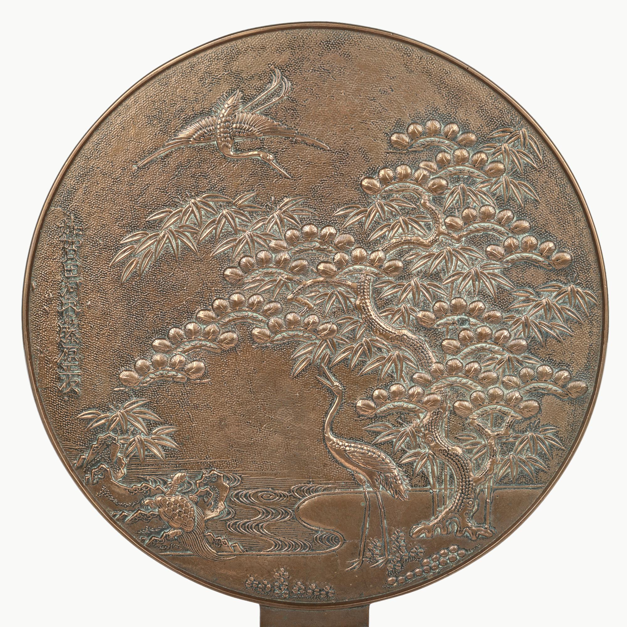 Espejo de Mano Kagami Japonés Meiji de Bronce con Grullas en venta 11