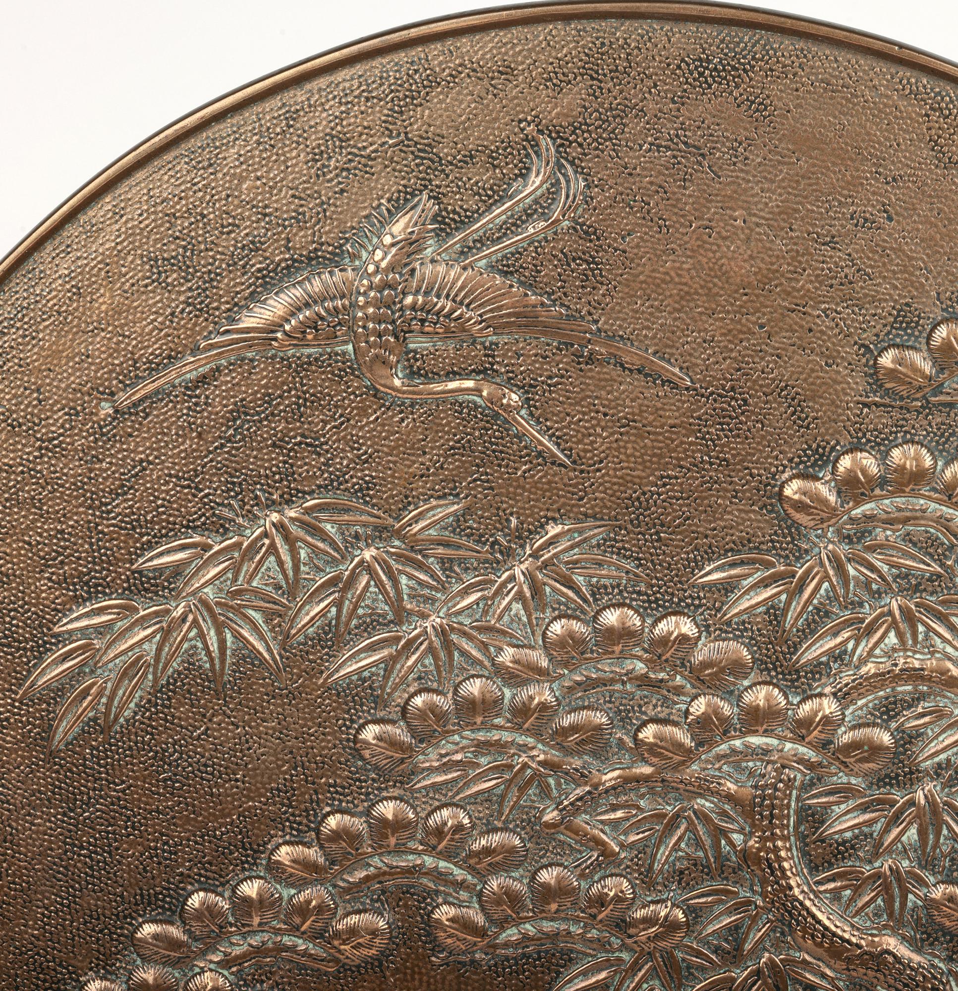 Espejo de Mano Kagami Japonés Meiji de Bronce con Grullas en venta 13