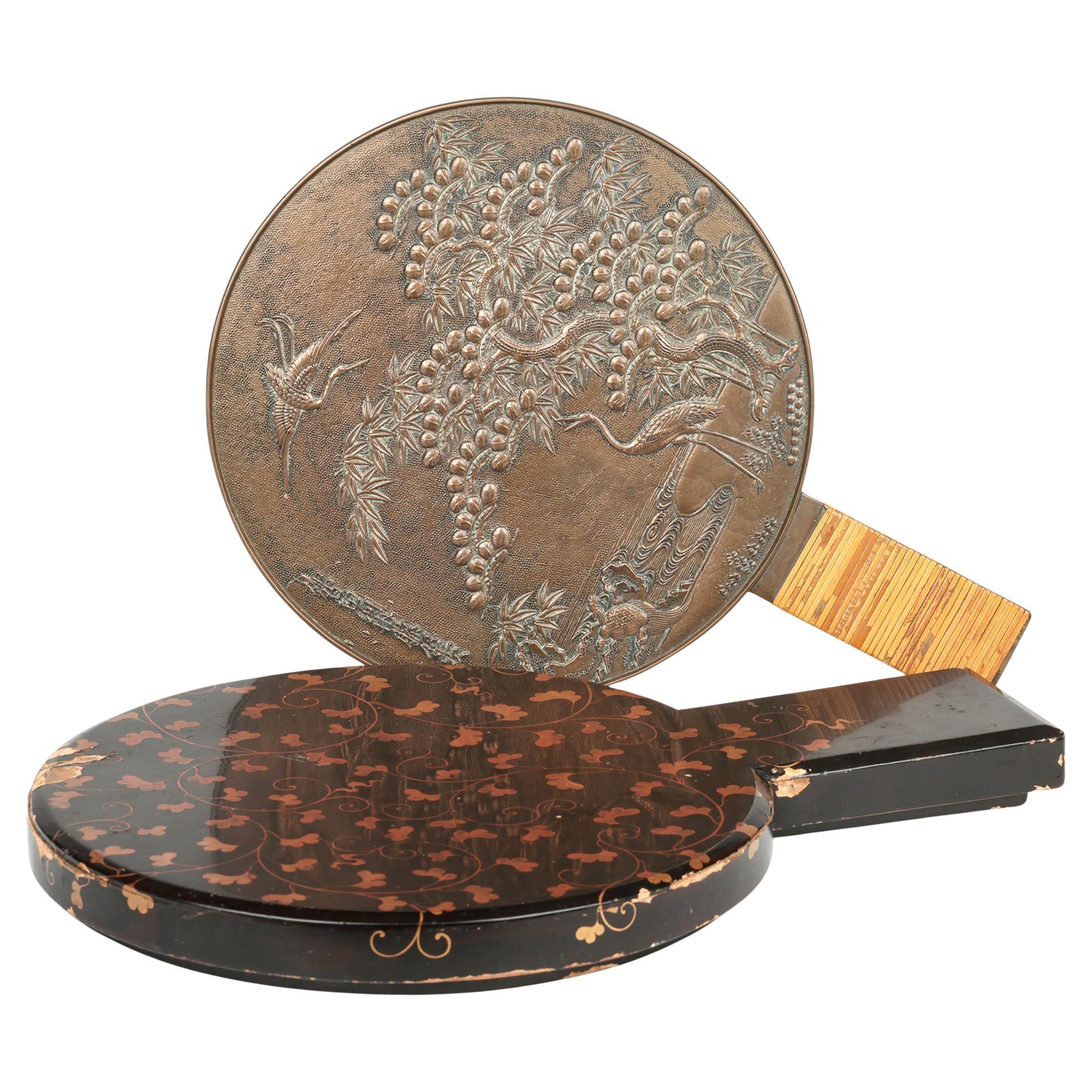 Espejo de Mano Kagami Japonés Meiji de Bronce con Grullas