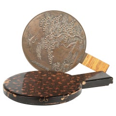 Espejo de Mano Kagami Japonés Meiji de Bronce con Grullas