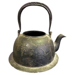 Antique Japanese Meiji Cast Iron Floral Tea Kettle Water Pot Tetsubin, Late 19th Century