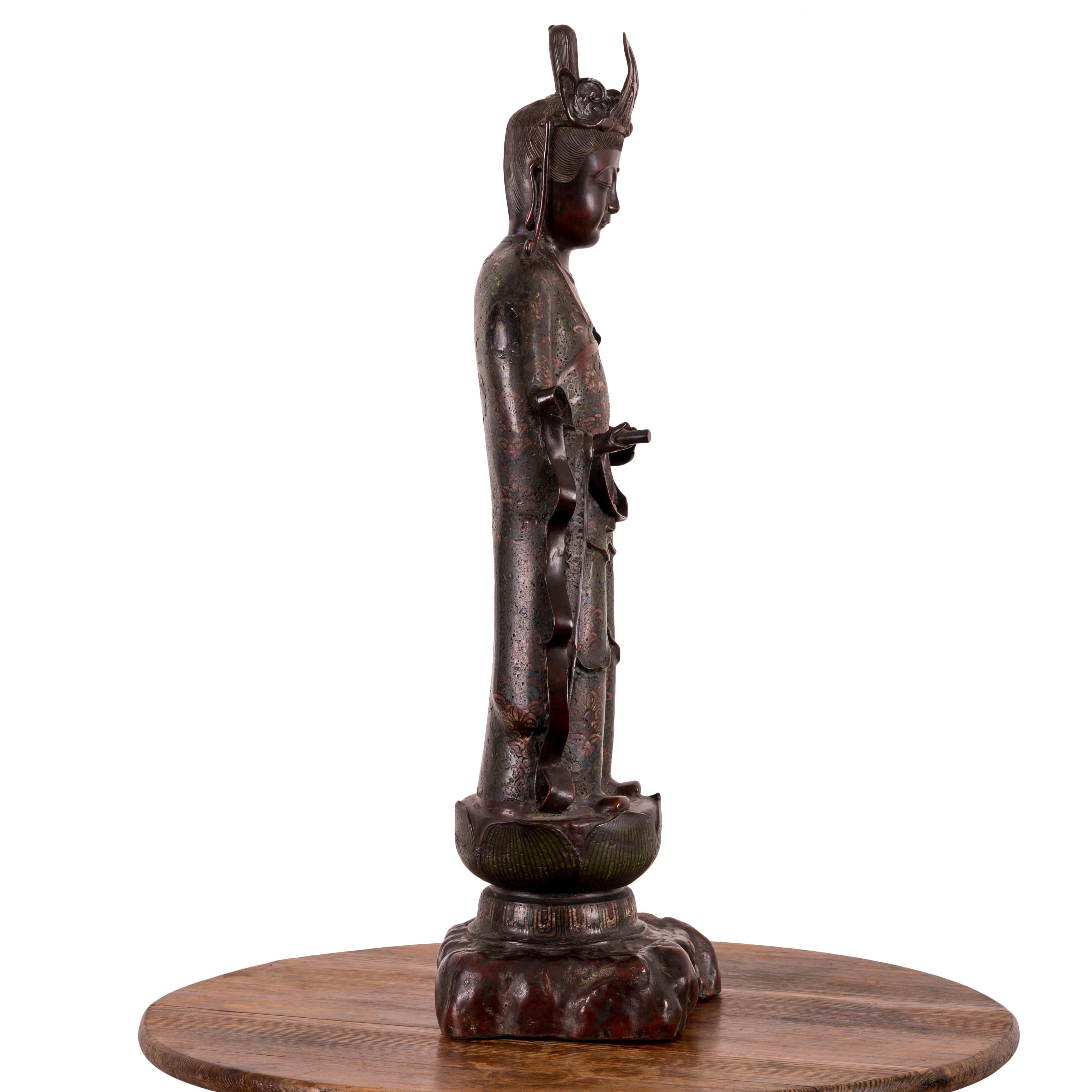 Japanese Meiji Champlevé Bronze Kannon Figure In Good Condition For Sale In Savannah, GA