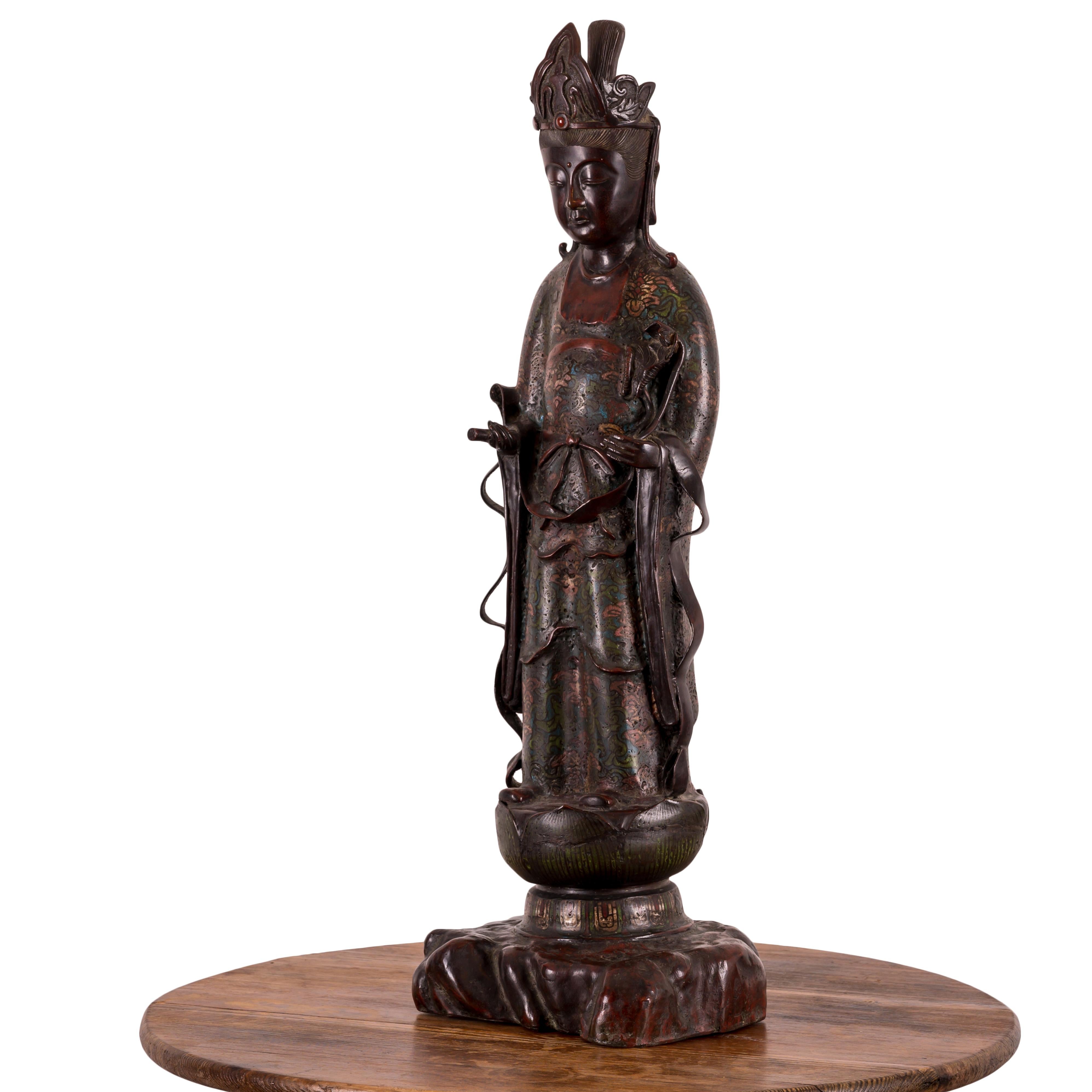 Japanese Meiji Champlevé Bronze Kannon Figure For Sale 2