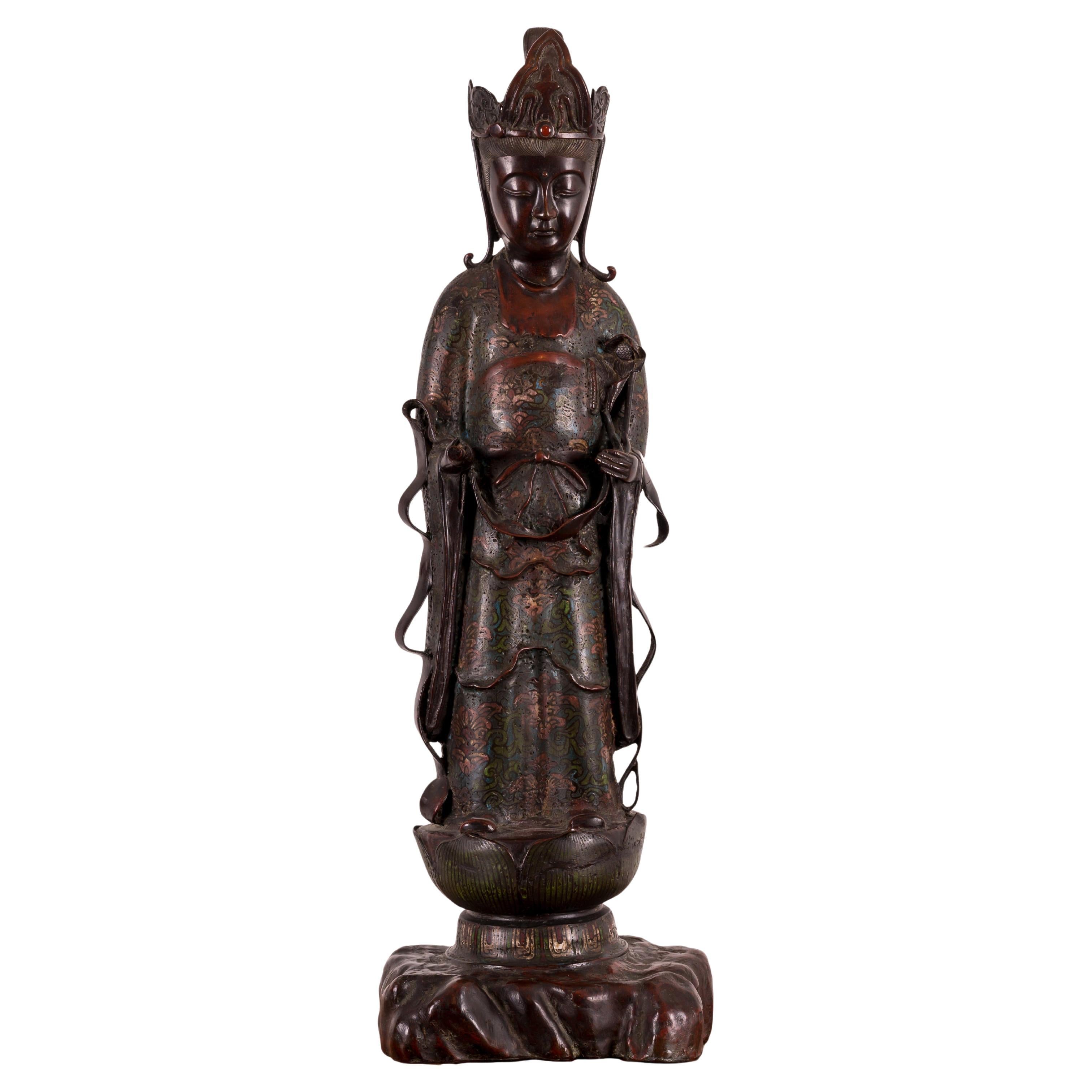 Japanese Meiji Champlevé Bronze Kannon Figure For Sale