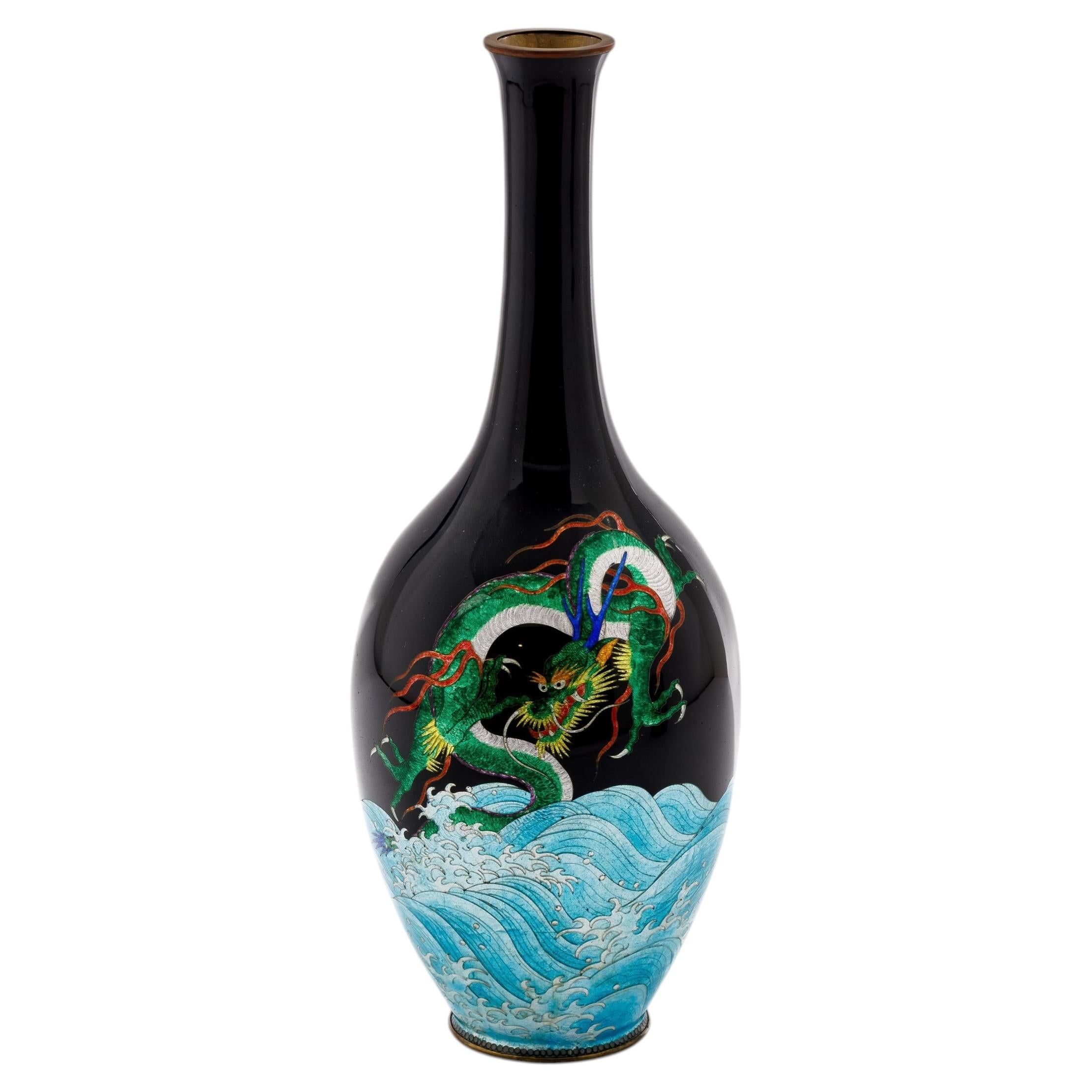 Japanese Meiji Cloisonné Enamel Ginbari Vase Green Dragon by Kumeno Teitaro For Sale