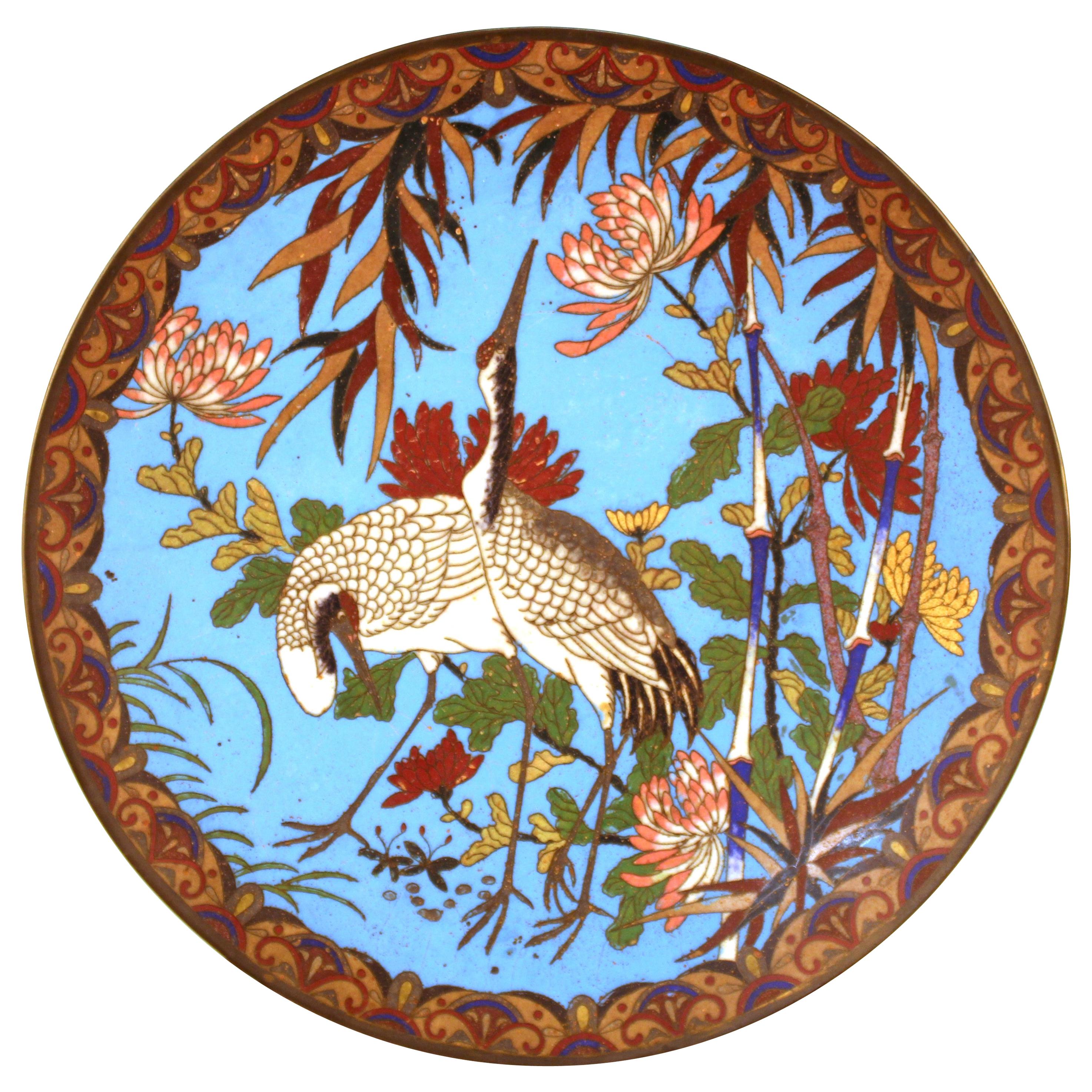 Japanese Meiji Cloisonne Enamel Plate with Cranes and Chrysanthemum Pattern For Sale