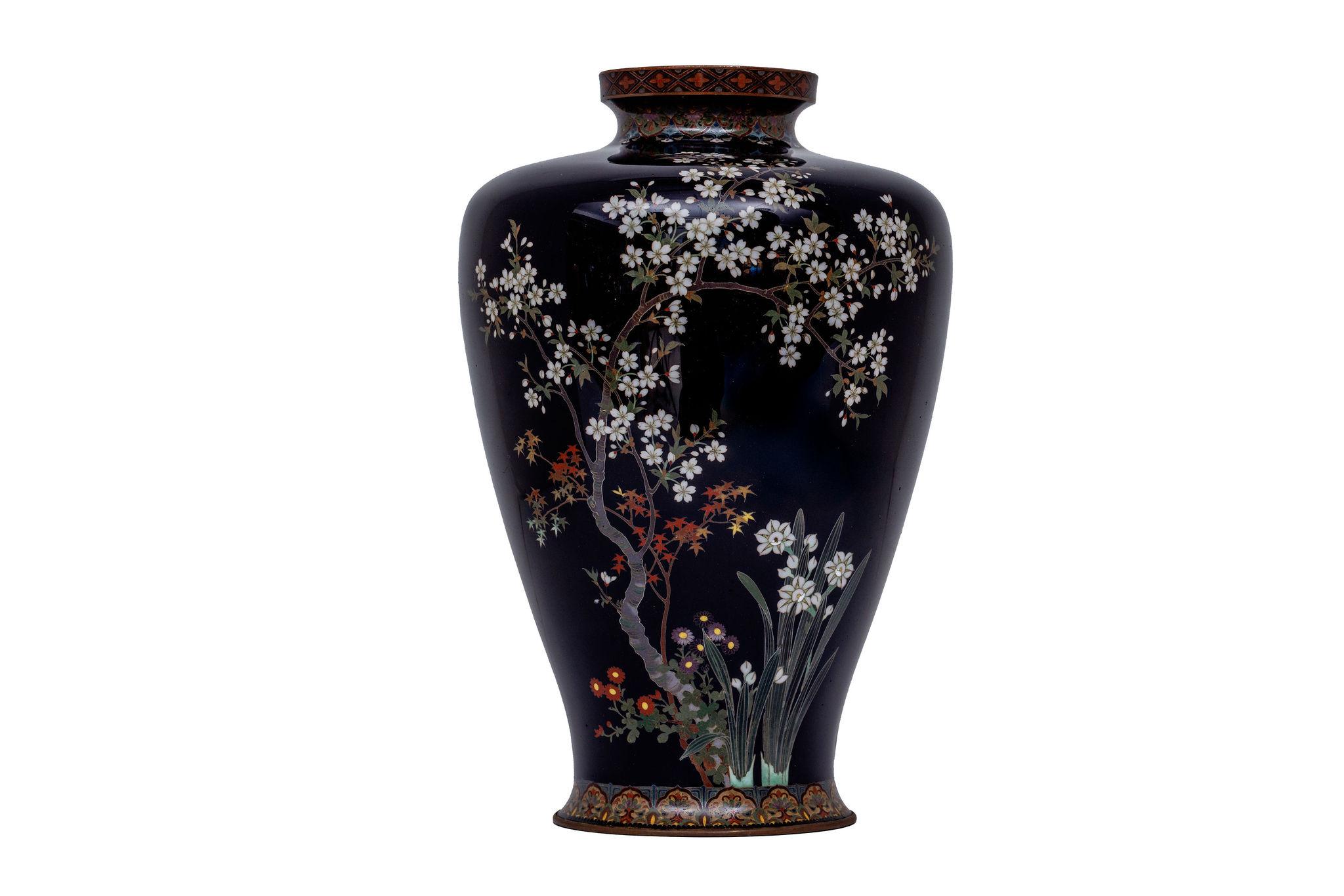 19th Century Japanese Meiji Cloisonné Enamel Vase with Cherry Blossoms, Ota Tamashiro For Sale
