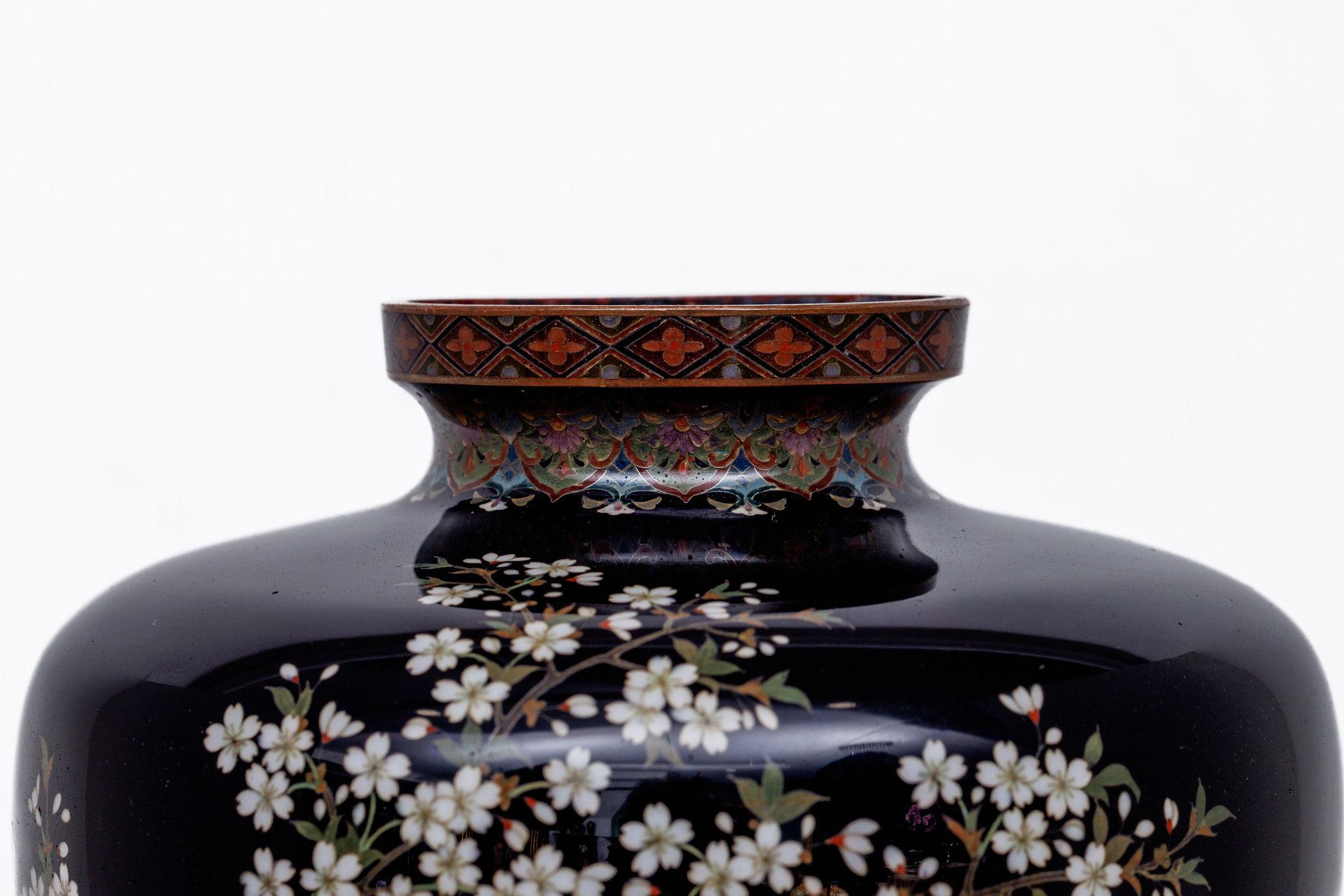 Copper Japanese Meiji Cloisonné Enamel Vase with Cherry Blossoms, Ota Tamashiro For Sale